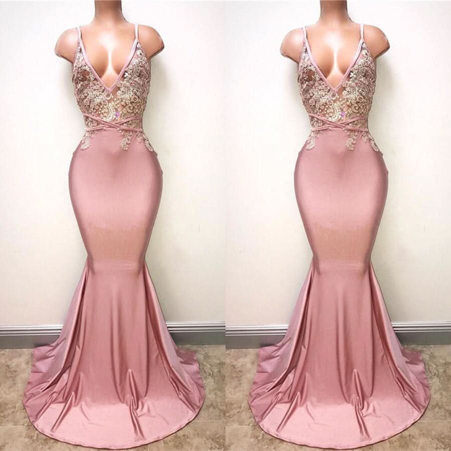 Pink Spaghetti-Straps Mermaid Long Prom Dress with Lace Appliques BM bride
