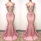 Pink Spaghetti-Straps Mermaid Long Prom Dress with Lace Appliques BM bride