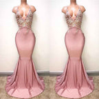Spaghetti Strap Sleeveless Pink Long Mermaid Prom Dress With Lace Appliques