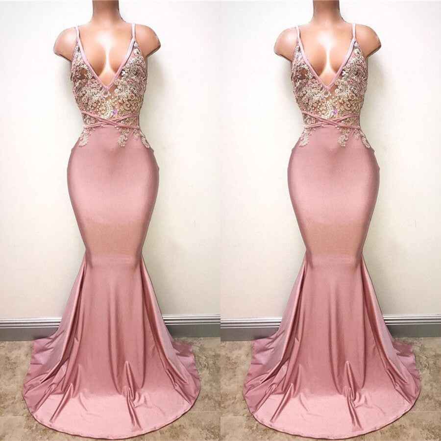 Spaghetti Strap Sleeveless Pink Long Mermaid Prom Dress With Lace Appliques