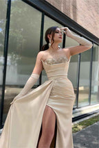 Glamorous Stain Strapless Pleated Long Split Beaded Prom Dress With Long Gloves