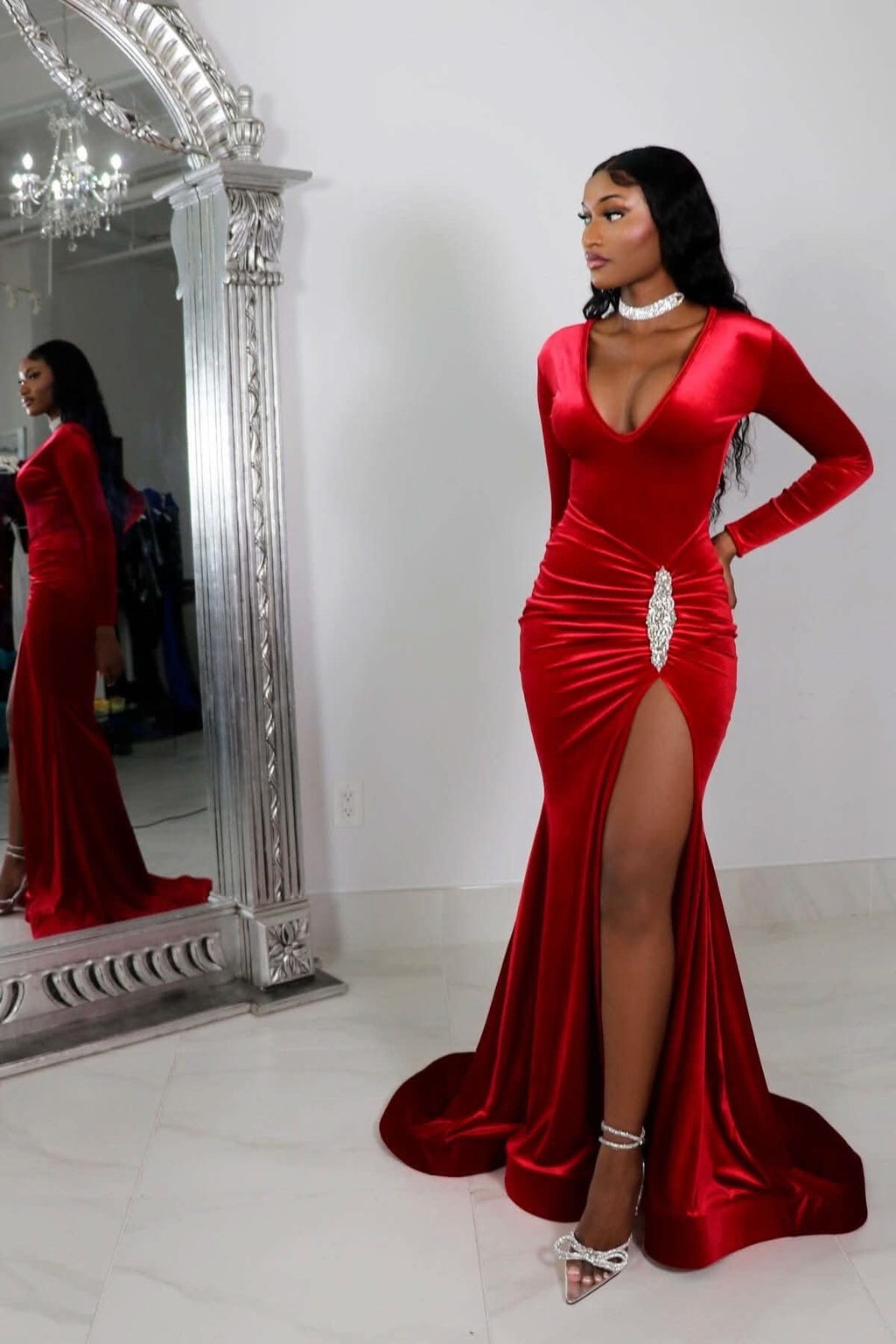 Red Long Sleeve Simple Prom Dress with High Slit and Pleated BM bride