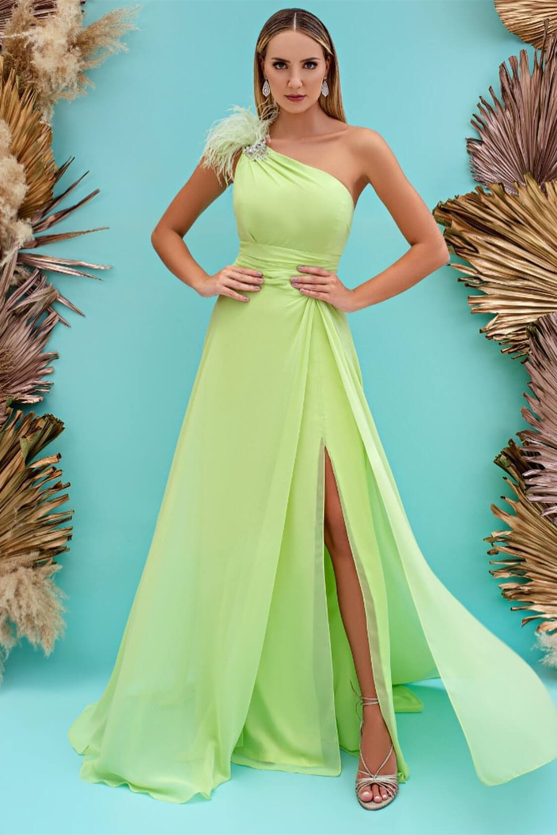 Light Green One-Shoulder Front Split Mermaid Evening Dress with Feather BM bride