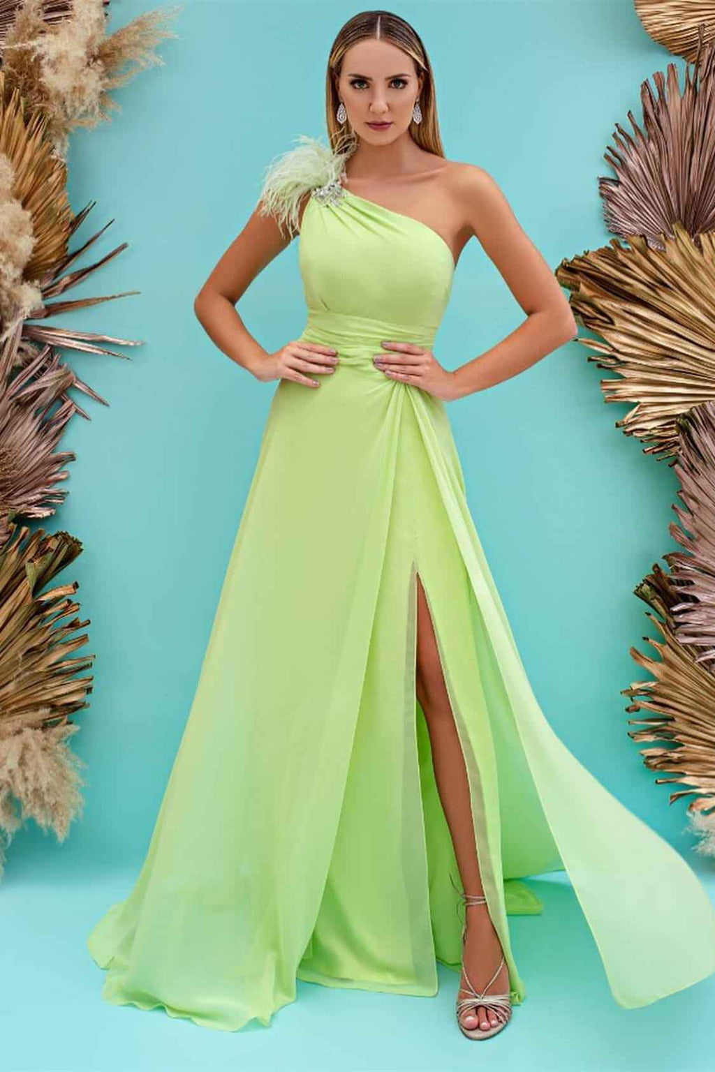 Front Split Mermaid One Shoulder Long Prom Dress With Feather Light Green