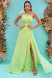 Light Green One-Shoulder Front Split Mermaid Evening Dress with Feather BM bride