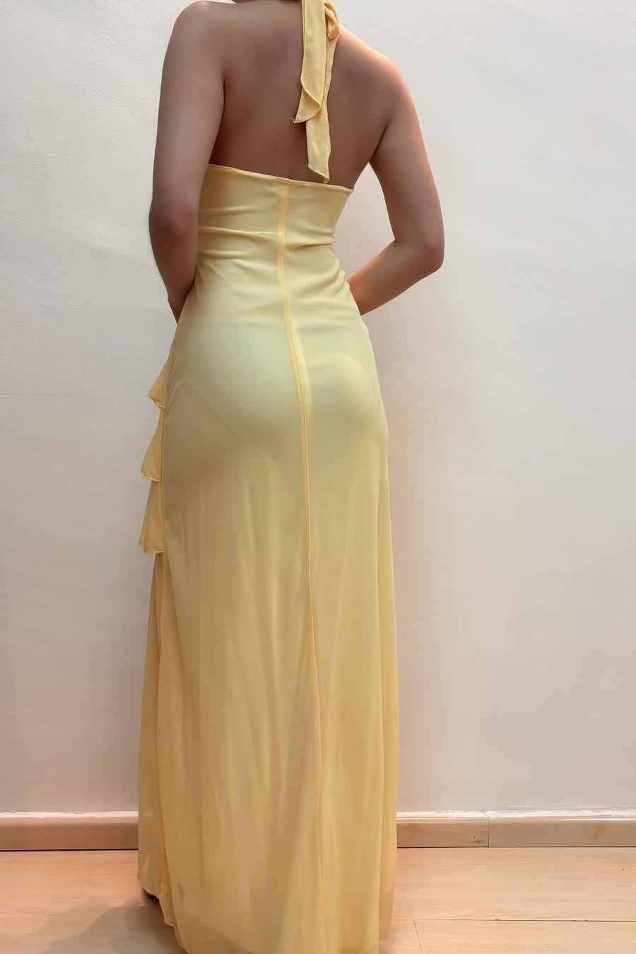 Halter V Neck Sleeveless Long Prom Dress With Pleated Beading