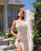 Heavy White Tulle One Shoulder Evening Dress with High Slit BM bride