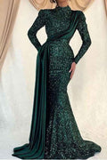Charming Long Sleeves Mermaid Sequins Prom High Collar Dress With Ruffles
