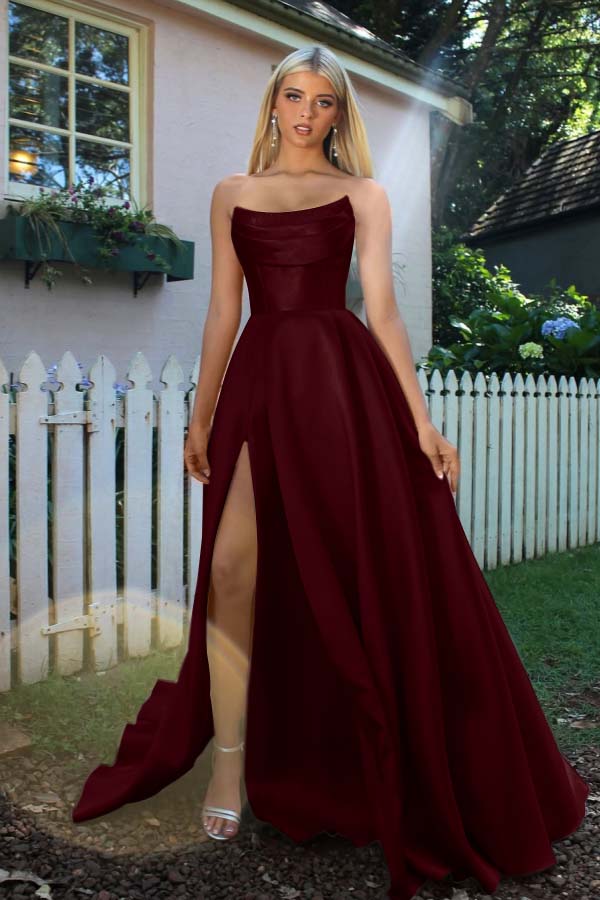 Strapless Sleeveless A Line Long Prom Dress With Split Pleated BMBRIDE