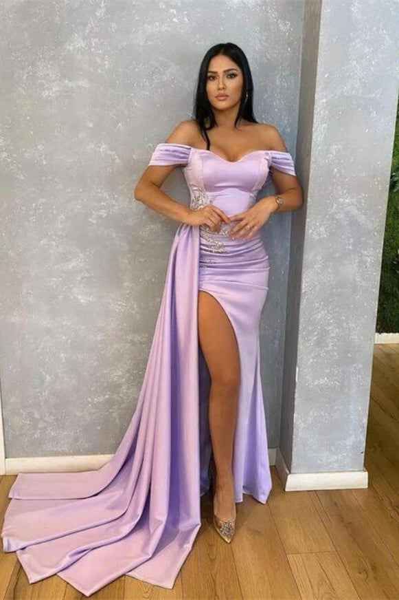 Off the Shoulder Beadings Lilac Long Mermaid Prom Dress With Ruffles Split