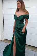 Dark Green Sweetheart Mermaid Prom Dress with Front Split and Off-The-Shoulder Beadings BM bride