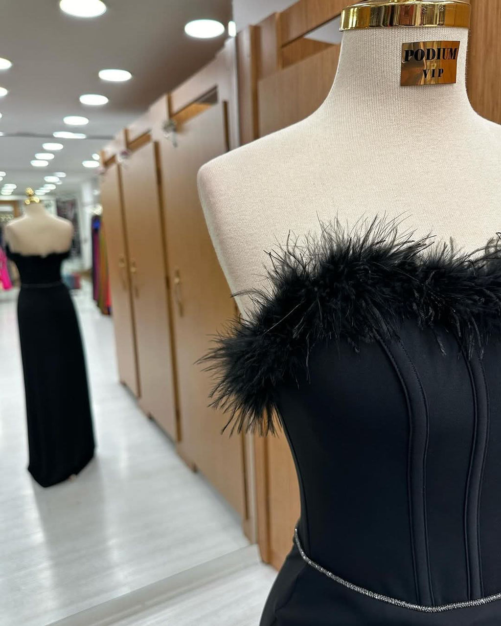 Black Strapless Sleeveless Feathered Sequined Long Mermaid Prom Dress BM bride