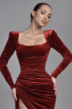 Samt Long Sleeves Square Pleated High Slit Evening Dress BM bride