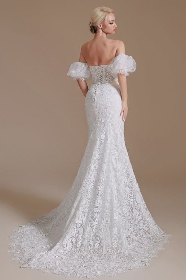 Long Mermaid Sweetheart Lace Wedding Dress with Detachable Sleeves BM bride