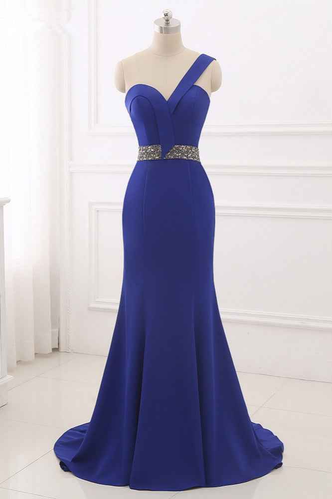 Royal Blue One Shoulder Sleeveless Mermaid Prom Dress With Beading