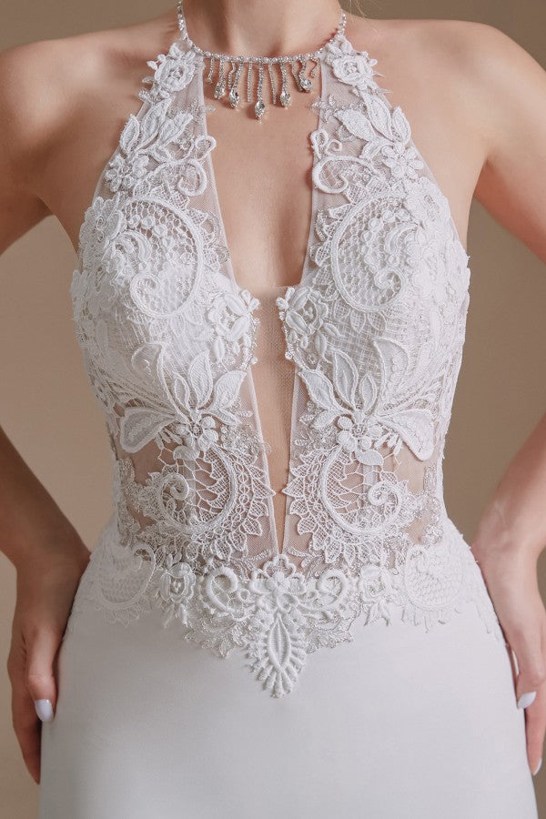 Modest Long Mermaid Halter Backless Satin Wedding Dress with Lace Appliques BM bride