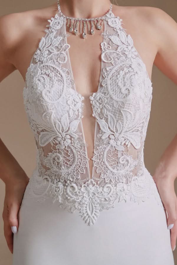 Modest Long Mermaid Halter Backless Satin Wedding Dress with Lace Appliques BM bride