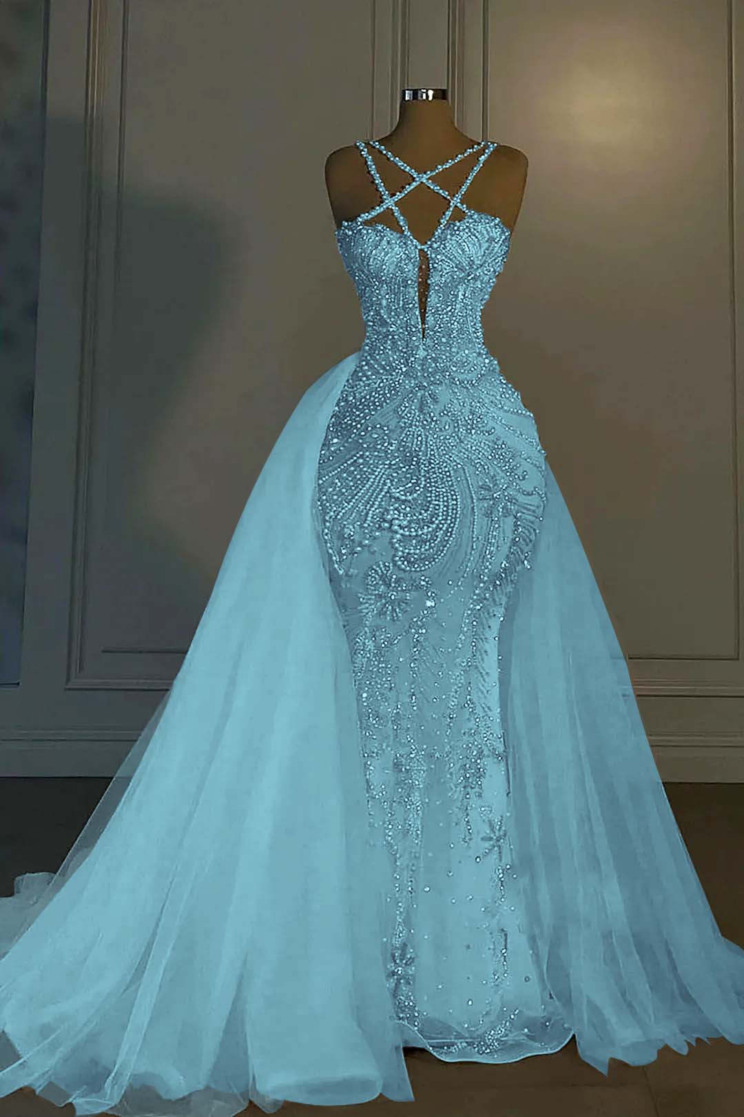 Halter Sleeveless Mermaid Long Prom Dress With Beading Tulle