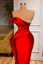 Long Red One Shoulder Strapless Prom Dress Pleated Mermaid With Beadings