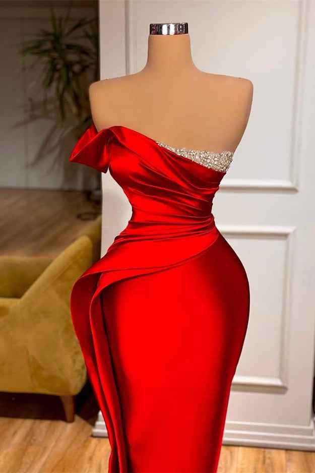Long Red One Shoulder Strapless Prom Dress Pleated Mermaid With Beadings