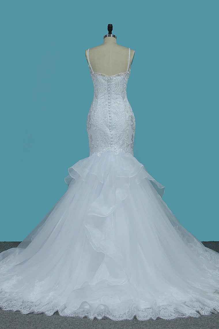 Spaghetti Strap Backless Tulle Mermaid Wedding Dress with Lace Appliques BM bride