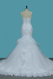 Spaghetti Strap Backless Tulle Mermaid Wedding Dress with Lace Appliques BM bride