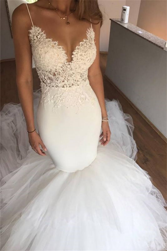 Spaghetti Strap Long Mermaid Wedding Dress with Lace Appliques BM bride