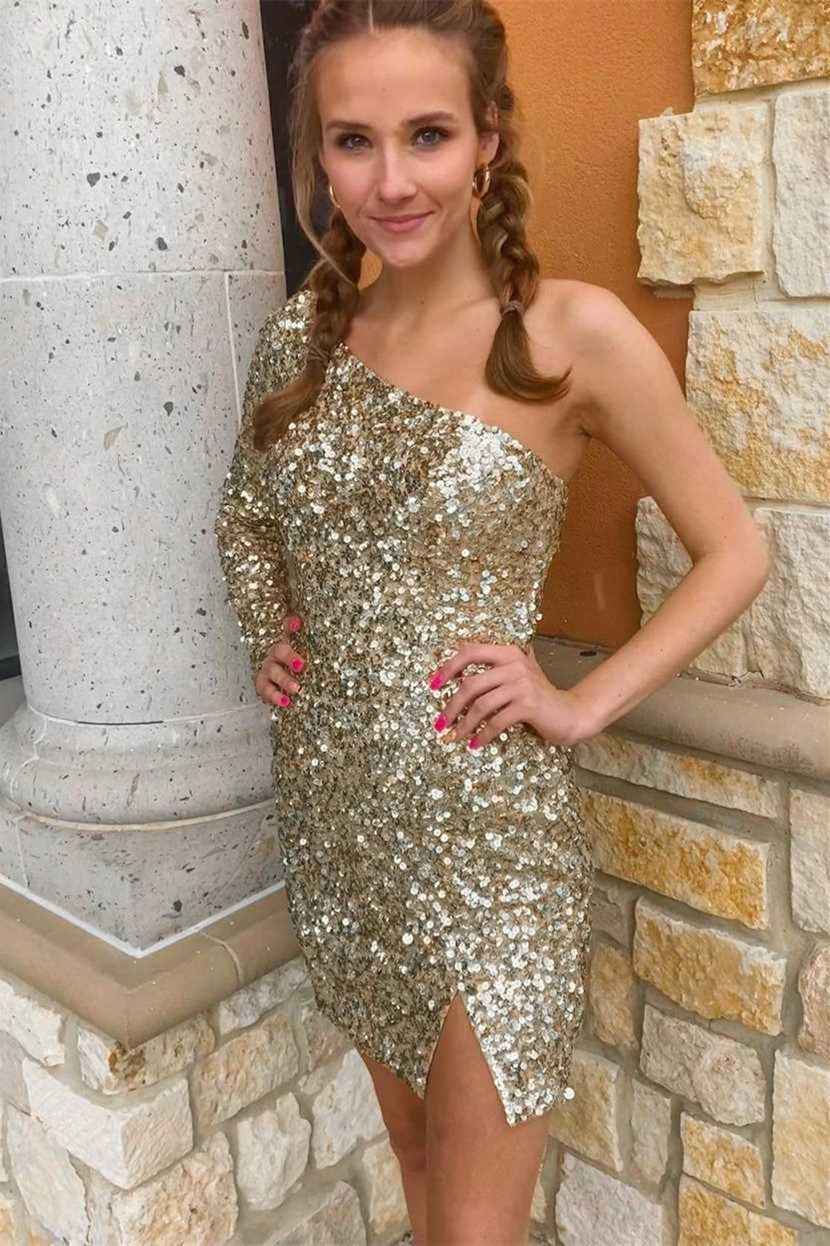 Sky Blue Stunning Long Sleeve One Shoulder Prom Split Dress Short With Sequins