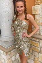 Sky Blue Stunning Long Sleeve One Shoulder Prom Split Dress Short With Sequins