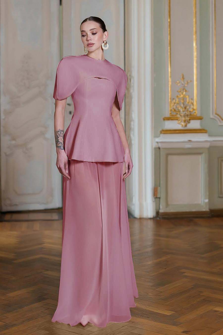 Chiffon Sleeveless Long Mermaid Prom Dress With Pleated Shawl BMBRIDE