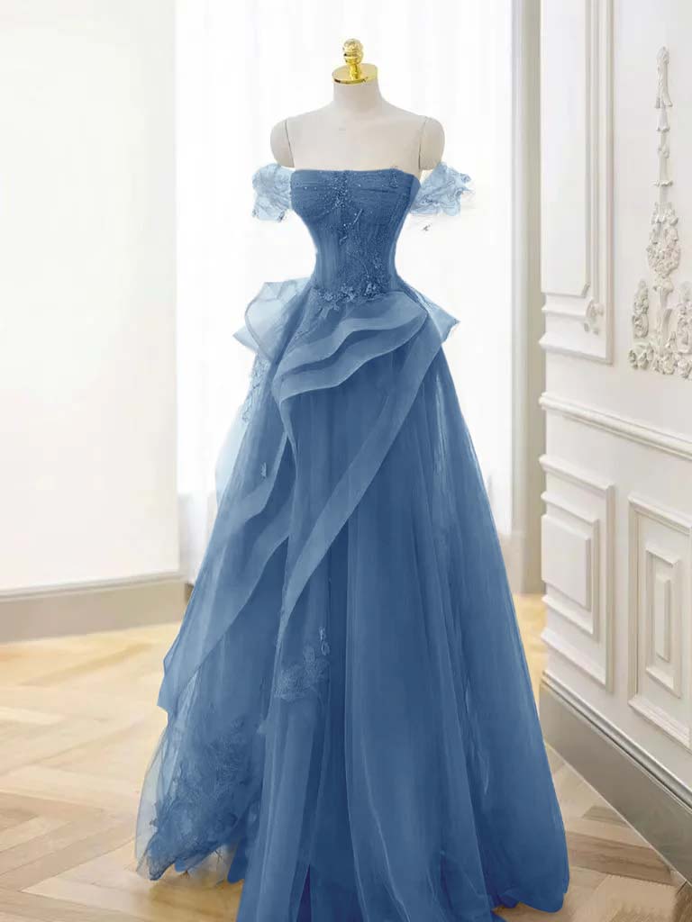 Tulle Off the Shoulder Sleeveless Long Prom Dress With Appliques BMBRIDE