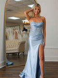 Light Blue Mermaid Strapless Applique Sweep Train Prom Dress with Slit