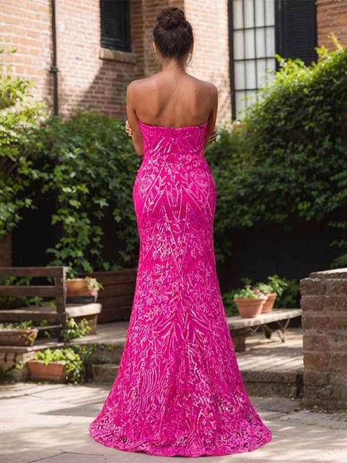 Elegant Fuchsia Strapless Sequin Gown with High Slit BMBRIDE