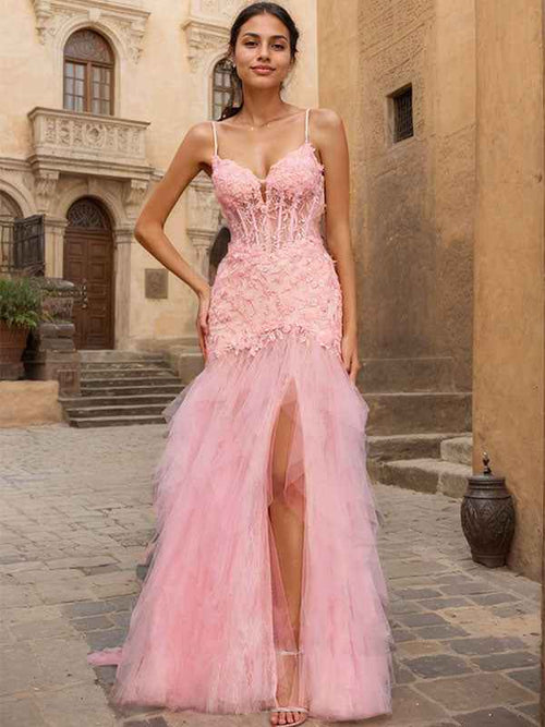 Pink Sheath V-Neck Corset Tiered Long Prom Dress With Beading Slit BMBRIDE