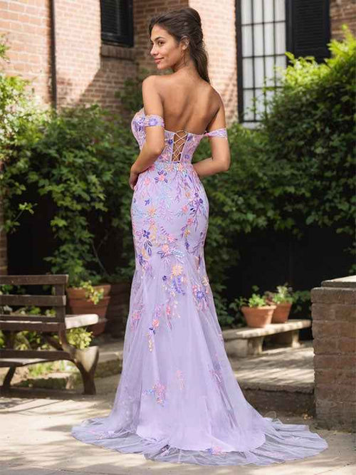 Purple Floral Mermaid Off the Shoulder Long Prom Dress With Slit BMBRIDE