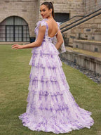 Purple Floral A Line V Neck Long Pleated Prom Dress With Slit