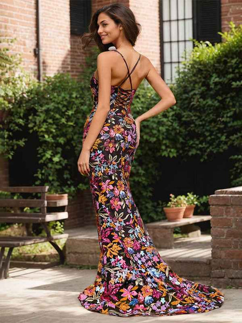 Black Floral Mermaid V-Neck Corset Long Prom Dress With Sequins Slit BMBRIDE