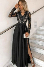 Black Long Sleeves High Waist Side Split Long Prom Dress With Appliques