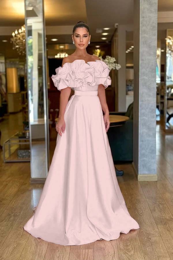 Off the Shoulder Sleeveless A Line Long Prom Dress With Pleated BMBRIDE