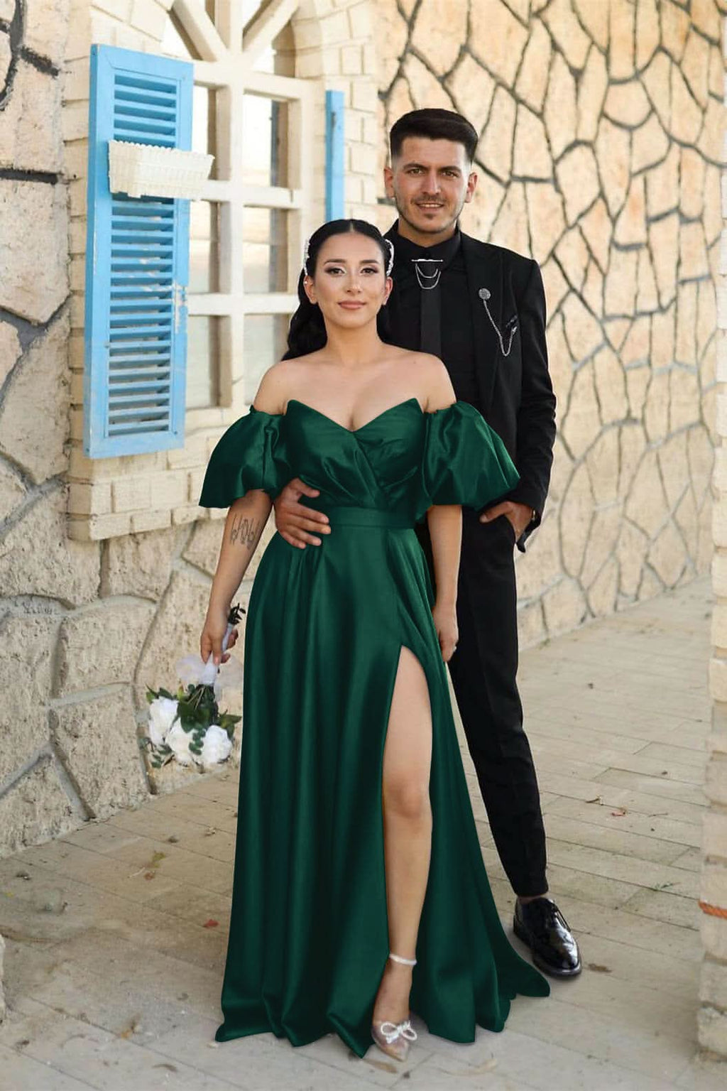 Dusty Blue Sweetheart Off-the-Shoulder Puff Sleeve Evening Dress with Front Split BM bride