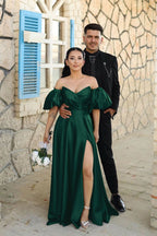 Dusty Blue Sweetheart Off-the-Shoulder Puff Sleeve Evening Dress with Front Split BM bride