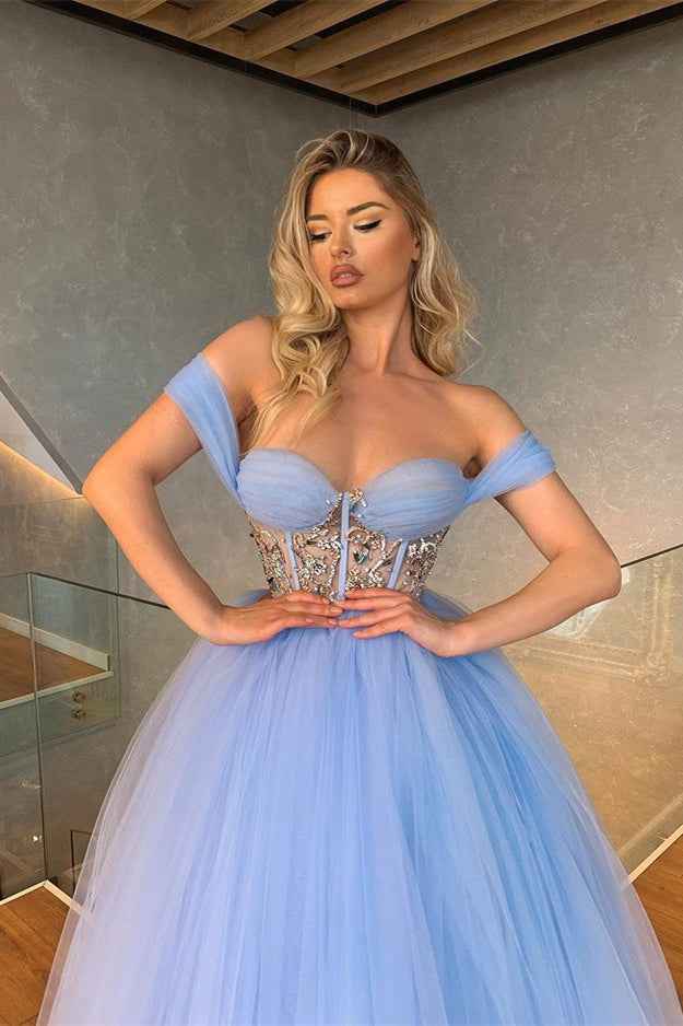 Tulle Sweetheart Sleeveless Off the Shoulder A Line Prom Dress With Crystal