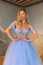 Tulle Sweetheart Sleeveless Off the Shoulder A Line Prom Dress With Crystal