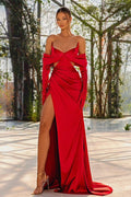 Off the Shoulder Prom Dress Red Half Sleeves With Slit Pleated Gloves BMBRIDE