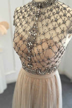 Champagne Jewel Neck Beading A Line Prom Dress Tulle Diamond Studded