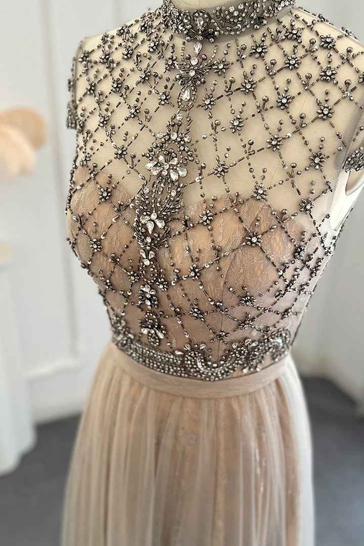 Champagne Jewel Neck Beading A Line Prom Dress Tulle Diamond Studded