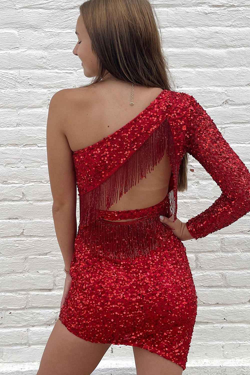 Sparkly Hot Pink One Shoulder One Sleeve Tight Homecoming Dress with Fringes Bmbride