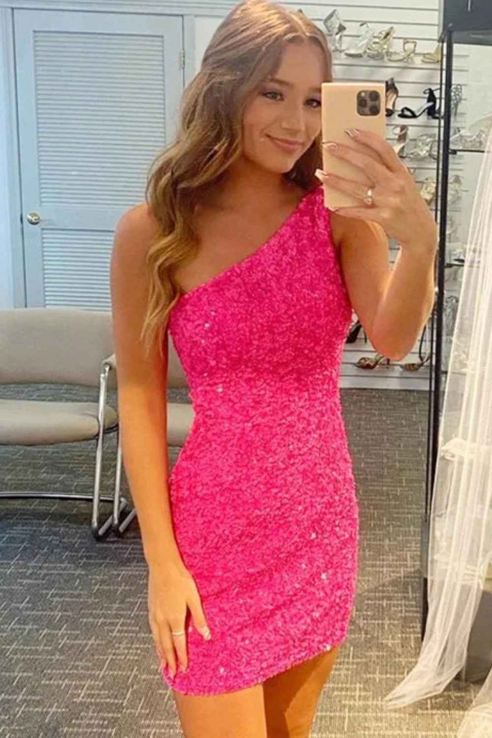 Green Sequins One Shoulder Tight Homecoming Dress Bmbride
