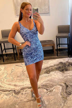 Sparkly Light Blue V-Neck Tight Sequins Short Homecoming Dress