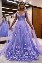 Lovely Lavender 3D Floral Lace A-Line Prom Dress with Cape Sleeves BM bride